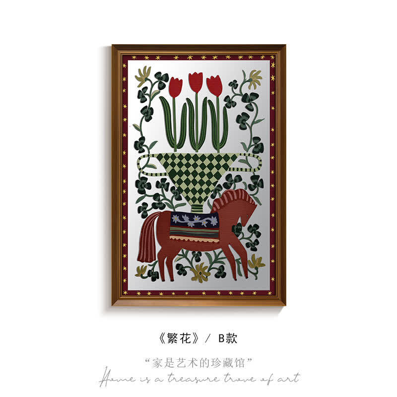 中古风艺术小马镜子画卧室玄关客厅沙发背景墙装饰画美式复古挂画