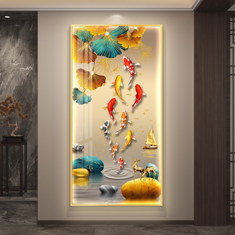 九鱼图入户玄关装饰画灯光画鲤鱼莲花画高级感客厅过道背景墙挂画