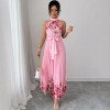 欧美跨境女装2026夏优雅挂脖系带收腰花卉印花百褶长款大摆连衣裙