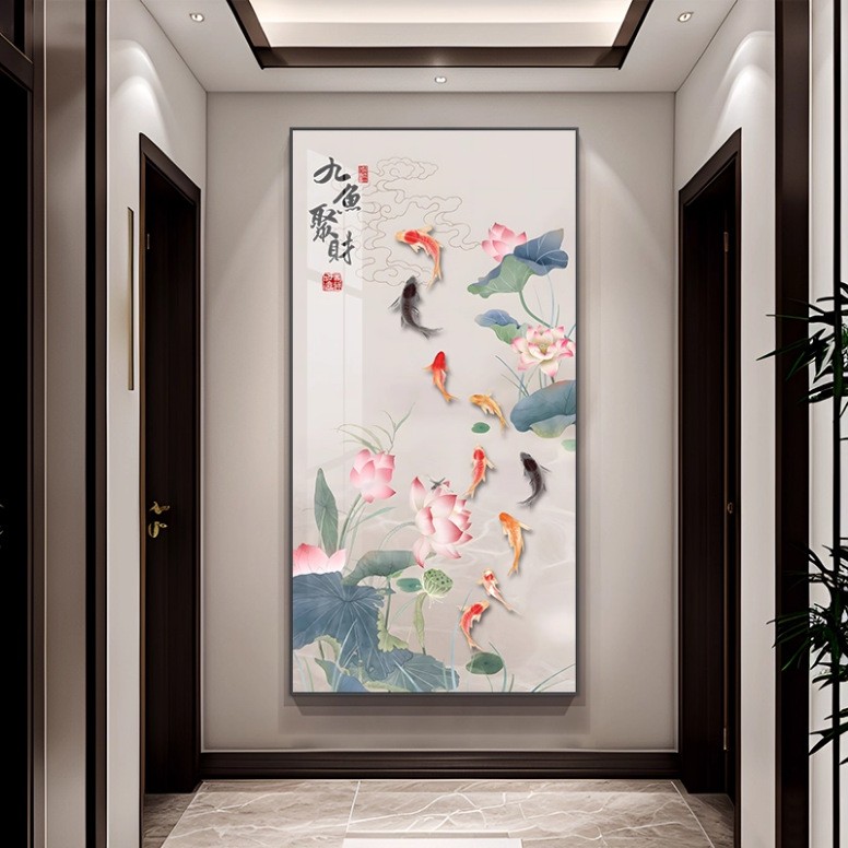 新中式荷花九鱼图玄关挂画入户正对门招财装饰画走廊过道高级壁画