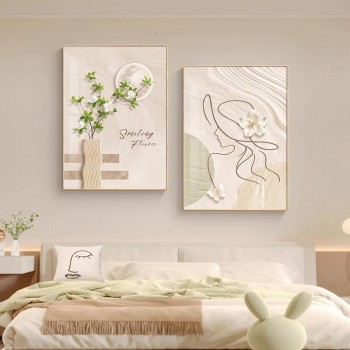 简约现代卧室床头装饰画原木奶油风客厅壁画抽象线条人物挂画双联