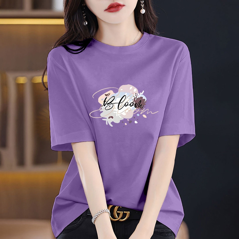 夏季新款时尚百搭小众纯棉短袖t恤女士宽松显瘦中长款印花上衣潮