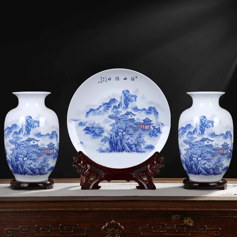 景德镇陶瓷花瓶三件套装饰品中式家居工艺品客厅酒柜博古架艺术品