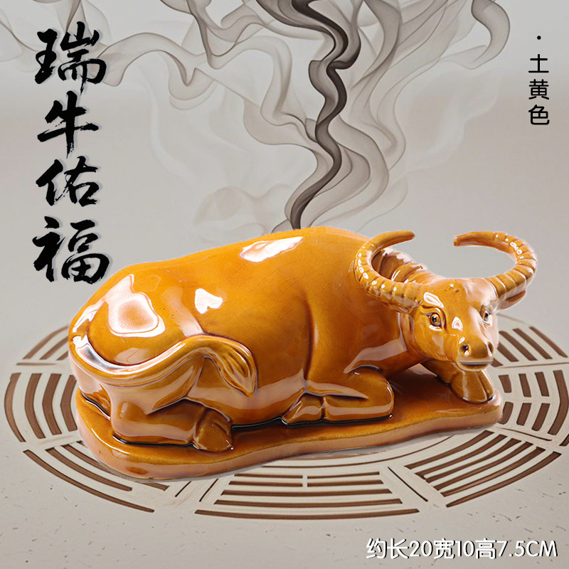 唐三彩陶瓷卧牛摆件风水家居博古架茶台卫生间客厅生肖瓷牛工艺品