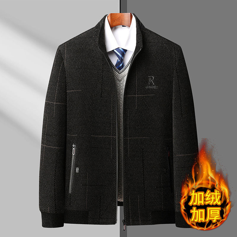 中老年男士秋冬装棉服加绒毛呢上衣爸爸装保暖呢子外套短款棉衣