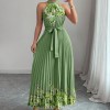 欧美跨境女装2026夏优雅挂脖系带收腰花卉印花百褶长款大摆连衣裙