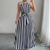 欧美跨境女装2026夏优雅挂脖系带收腰花卉印花百褶长款大摆连衣裙