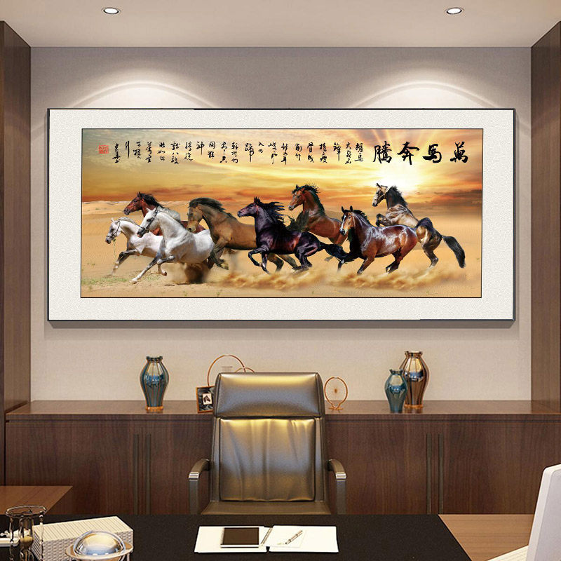 八骏图客厅挂画国画办公室沙发背景万马奔腾装饰画骏马图壁画