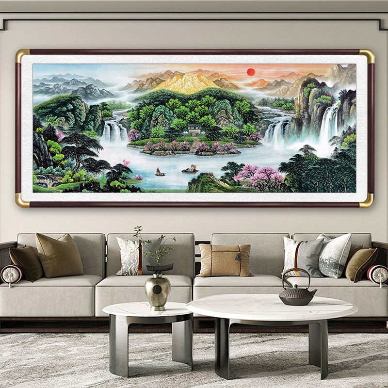 山水国画旭日东升聚宝盆挂画客厅装饰靠山图老板办公室背景墙字画