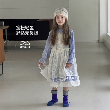 图图小象童装女童套装2026春装新款洋气儿童条纹连衣裙蕾丝长裙