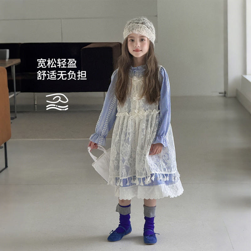 图图小象童装女童套装2026春装新款洋气儿童条纹连衣裙蕾丝长裙