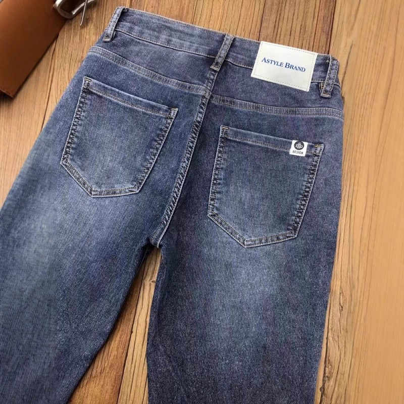 高品质高端牛仔裤男秋季百搭潮流蓝色弹力修身小脚印花长裤动力牛