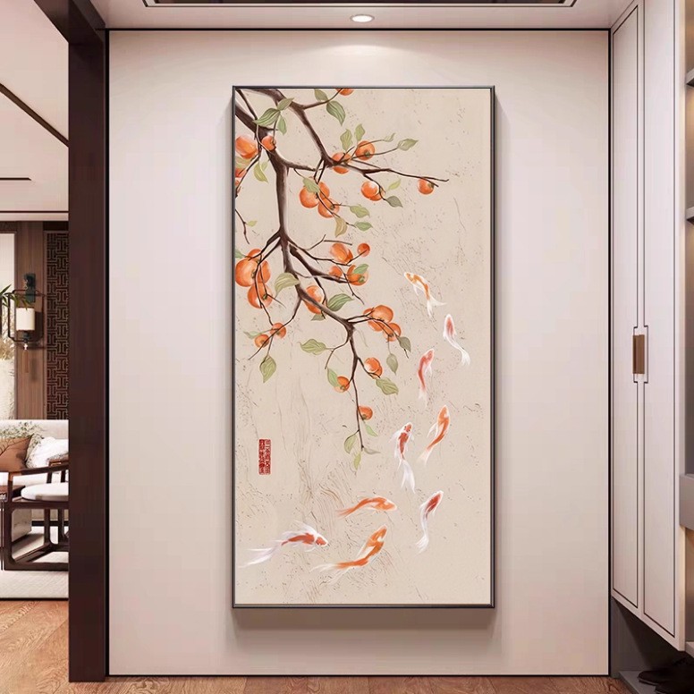 新中式荷花九鱼图玄关挂画入户正对门招财装饰画走廊过道高级壁画