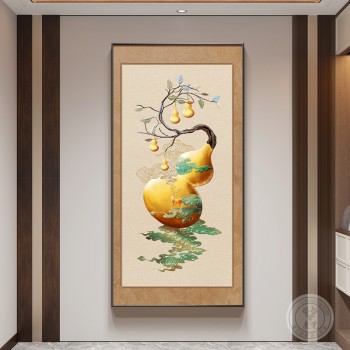 福禄葫芦挂画新中式入户玄关装饰画九鱼聚财图客厅正对门过道壁画