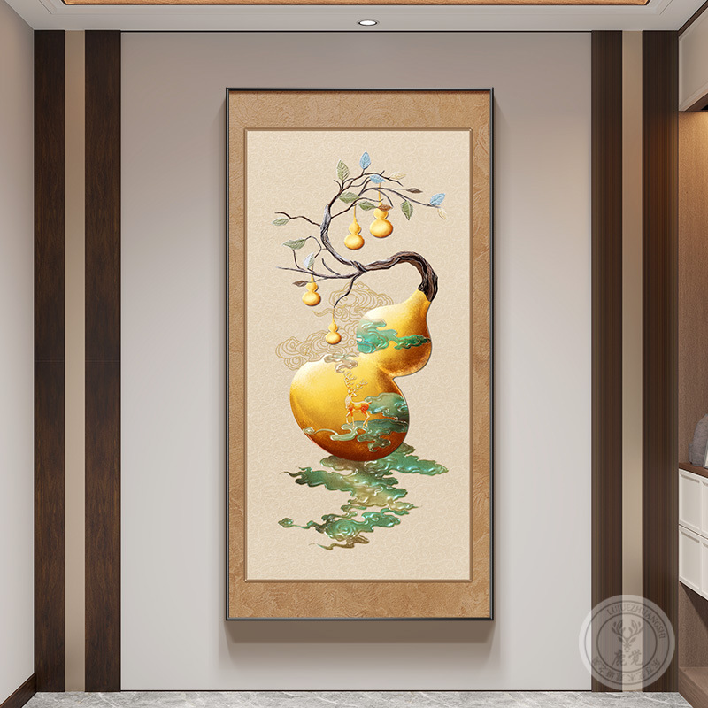 福禄葫芦挂画新中式入户玄关装饰画九鱼聚财图客厅正对门过道壁画