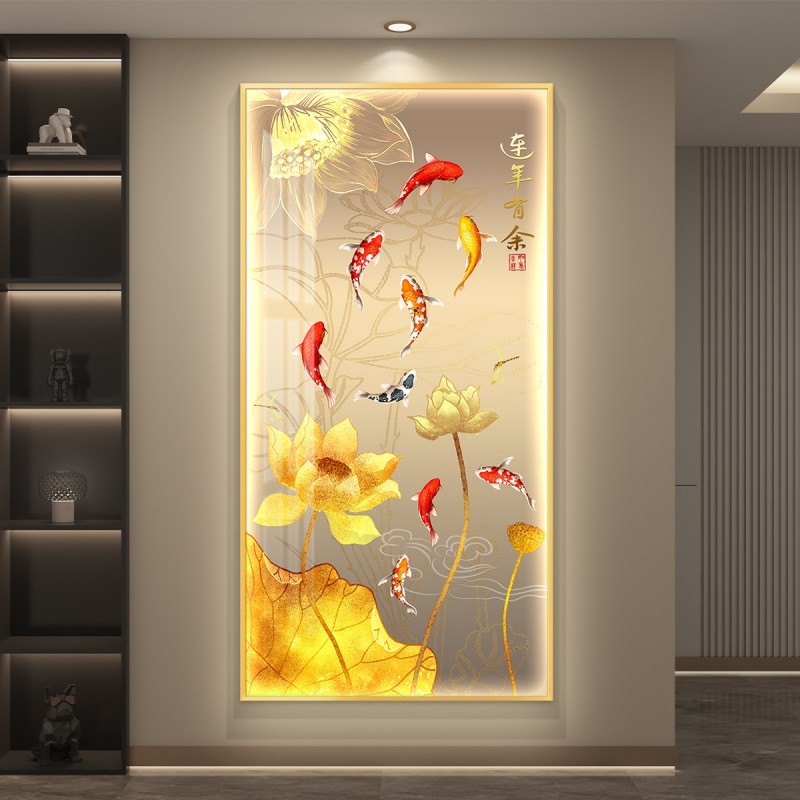 九鱼图入户玄关装饰画灯光画鲤鱼莲花画高级感客厅过道背景墙挂画