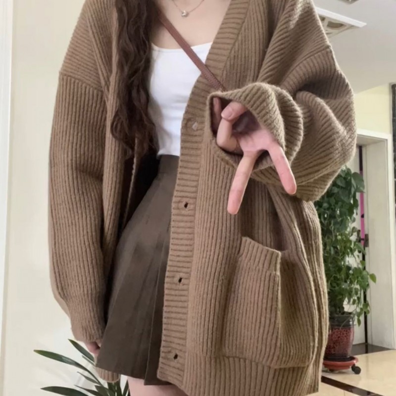 韩版V领慵懒风开衫2026新款日系简约毛衣女春秋冬休闲宽松针织衫