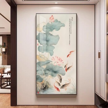 新中式荷花九鱼图玄关挂画入户正对门招财装饰画走廊过道高级壁画