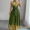 欧美跨境女装2026夏优雅挂脖系带收腰花卉印花百褶长款大摆连衣裙
