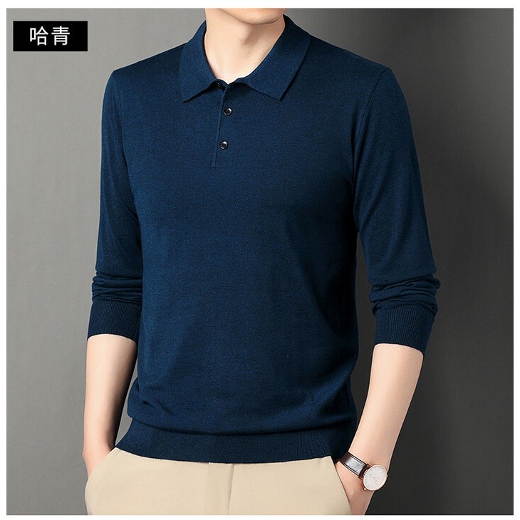 跨境薄款针织羊毛衫春秋季男士翻领长袖polo衫纯色休闲毛衣打底衫
