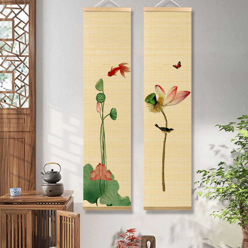 新中式客厅装饰画禅意茶室印花竹帘挂画书房背景卷轴书法荷花挂画