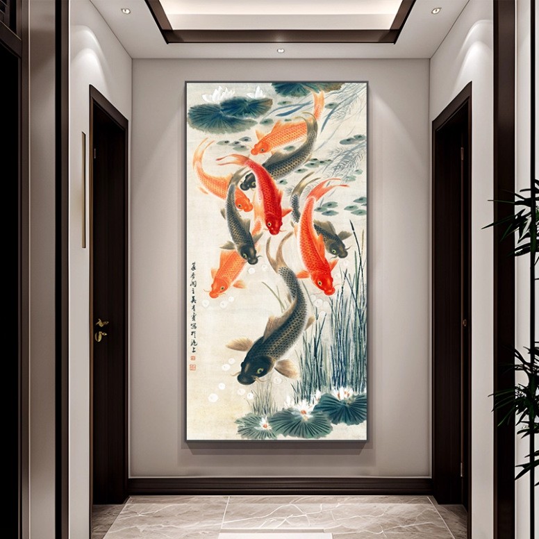 新中式荷花九鱼图玄关挂画入户正对门招财装饰画走廊过道高级壁画