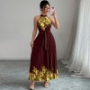 欧美跨境女装2026夏优雅挂脖系带收腰花卉印花百褶长款大摆连衣裙