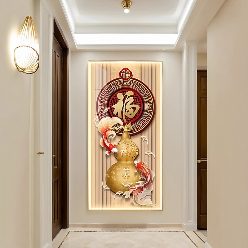 九鱼图玄关装饰画入户正对门福字挂画年新款高端走廊过道壁画