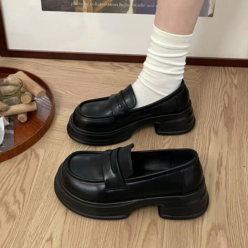 圆头厚底乐福单鞋女黑色学院风jk小皮鞋百搭英伦2025新款一脚蹬潮