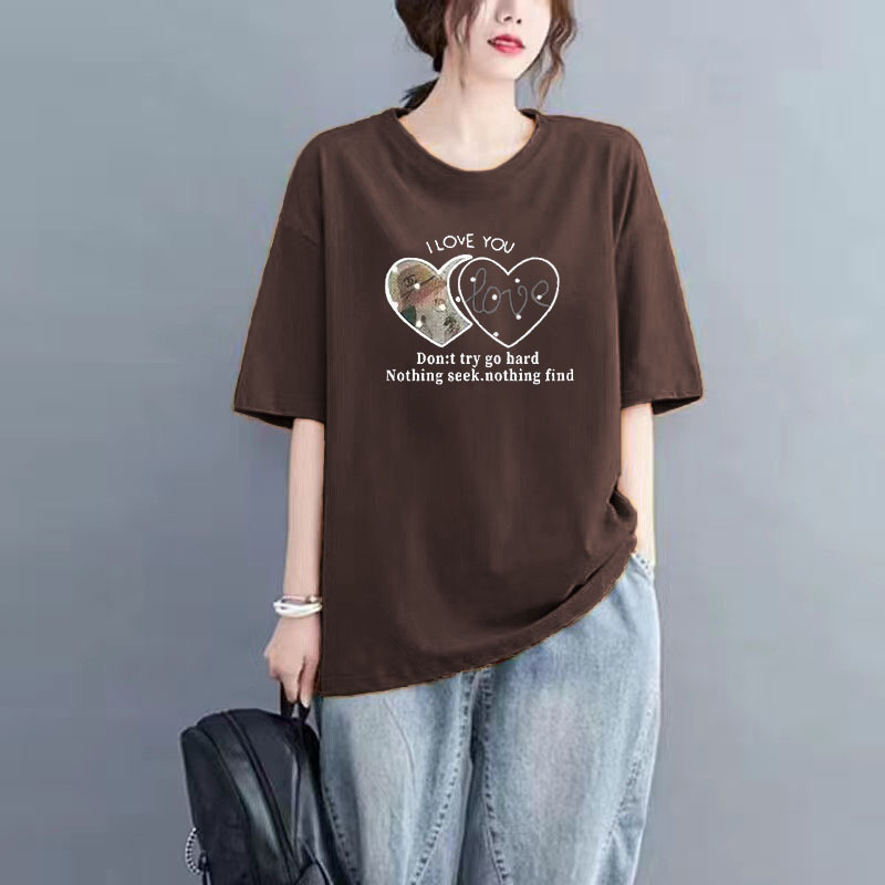 短袖恤女夏季新款时尚潮流百搭短袖宽松显瘦圆领纯棉休闲印花上衣
