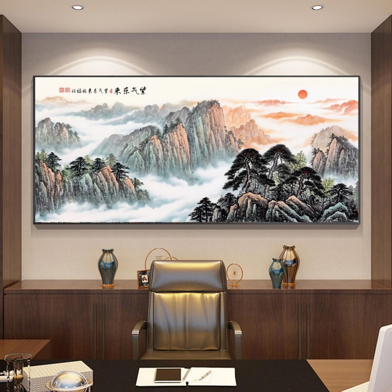 江山新中式靠山图万里长城装饰画办公室挂画铝合金客厅大气山水画