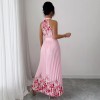 欧美跨境女装2026夏优雅挂脖系带收腰花卉印花百褶长款大摆连衣裙
