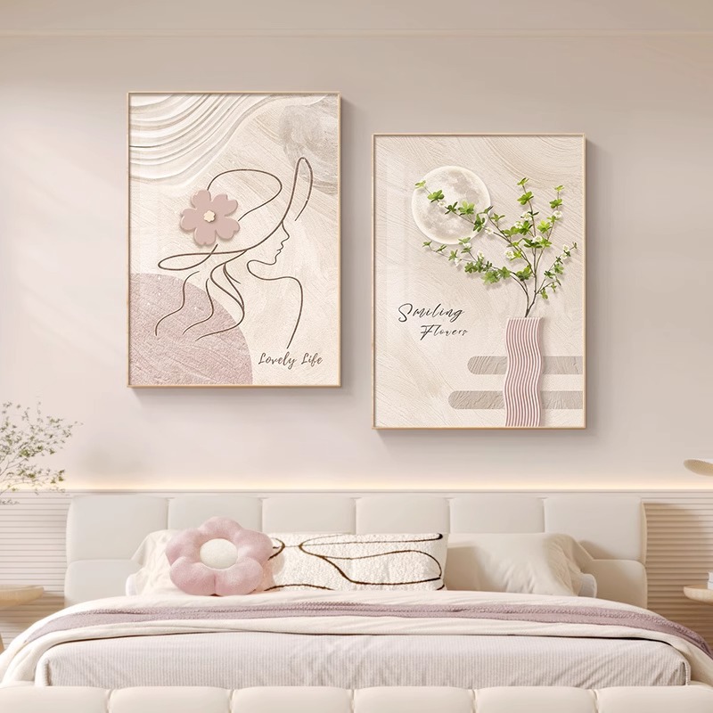 简约现代卧室床头装饰画原木奶油风客厅壁画抽象线条人物挂画双联