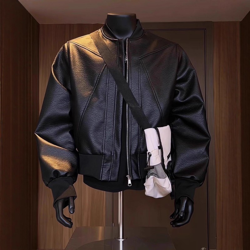 港风复古机车服男秋季痞帅时尚穿搭vintage棒球领pu皮衣夹克外套
