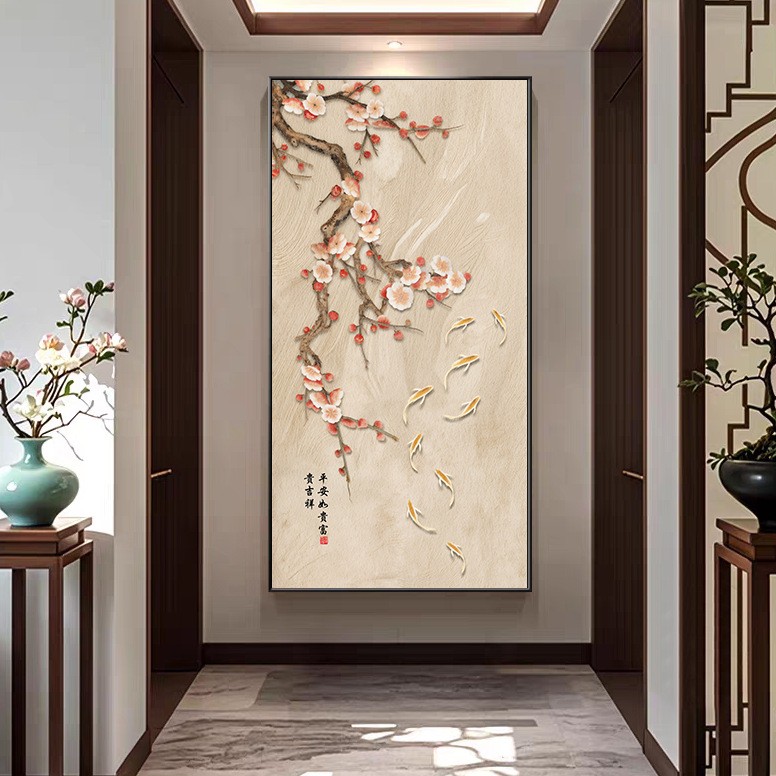 新中式荷花九鱼图玄关挂画入户正对门招财装饰画走廊过道高级壁画