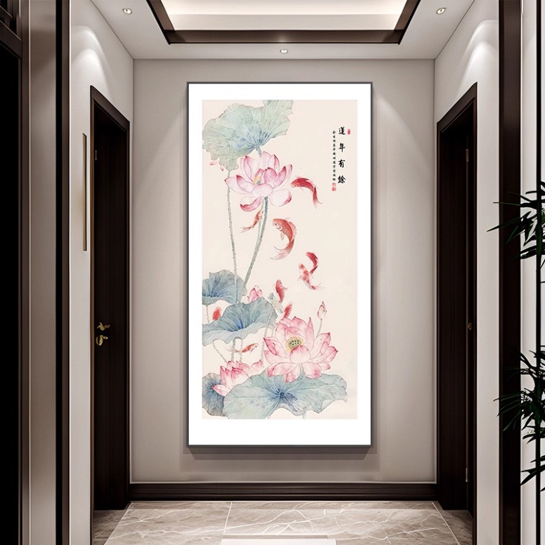 新中式荷花九鱼图玄关挂画入户正对门招财装饰画走廊过道高级壁画