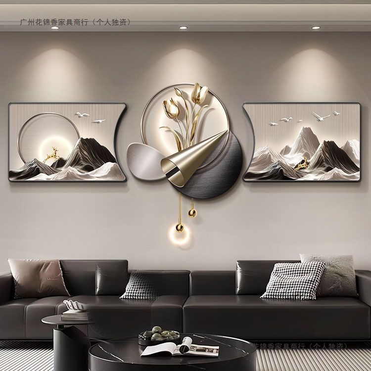 现代轻奢客厅装饰画背有靠山高级沙发背景墙挂画2025年新款三联画