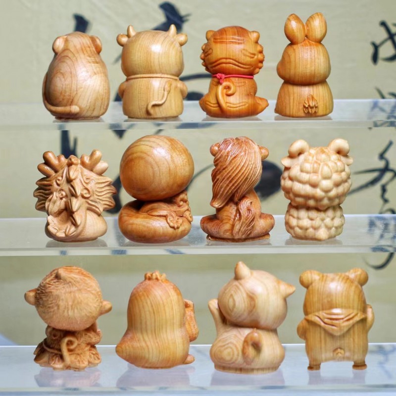 崖柏木雕十二生肖摆件鼠牛虎兔龙蛇马羊猴鸡狗猪手把件工艺品礼品