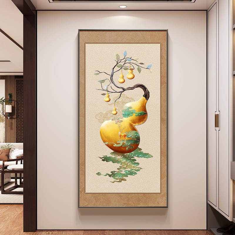 福禄葫芦挂画新中式入户玄关装饰画九鱼聚财图客厅正对门过道壁画