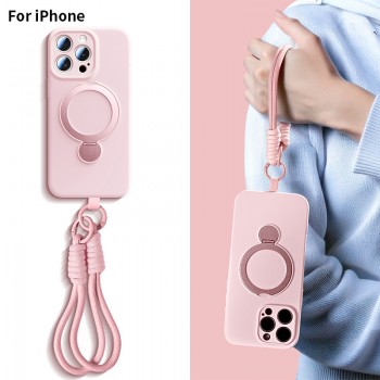 适用iPhone16ProMax/15Pro挂绳液态硅胶磁吸防摔360°支架手机壳