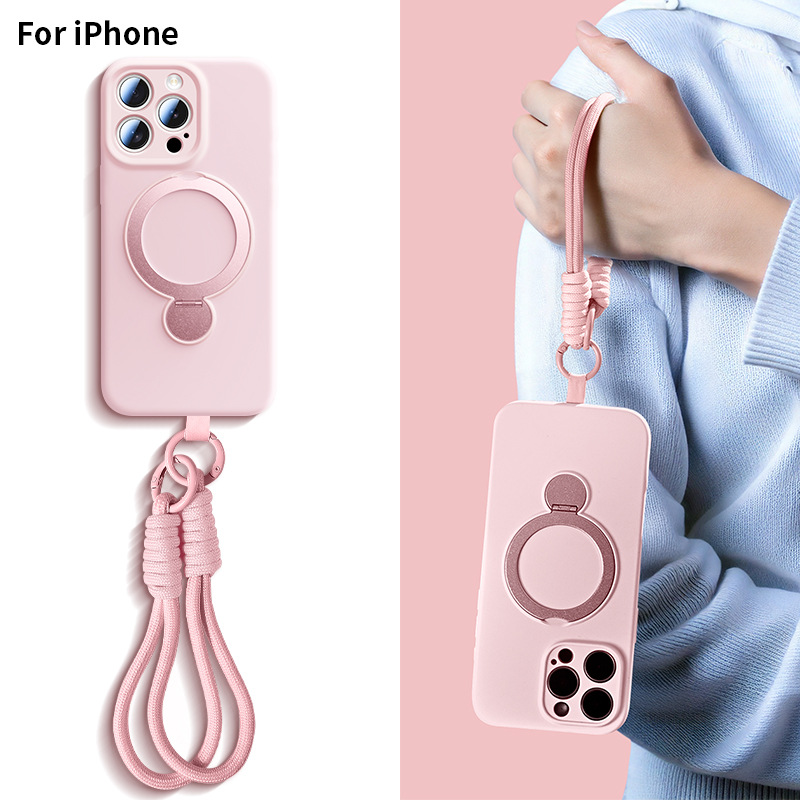 适用iPhone16ProMax/15Pro挂绳液态硅胶磁吸防摔360°支架手机壳