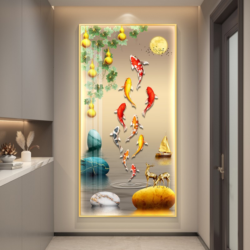 九鱼图入户玄关装饰画灯光画鲤鱼莲花画高级感客厅过道背景墙挂画