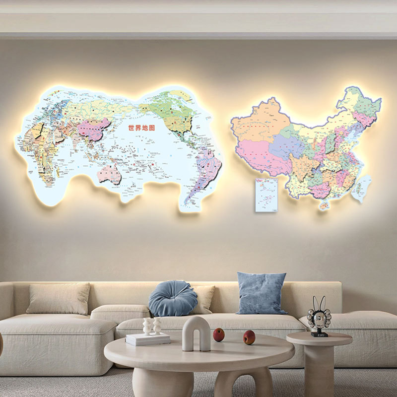 双层中国世界地图发光拼接挂画客厅装饰画LED带灯立体办公室壁画