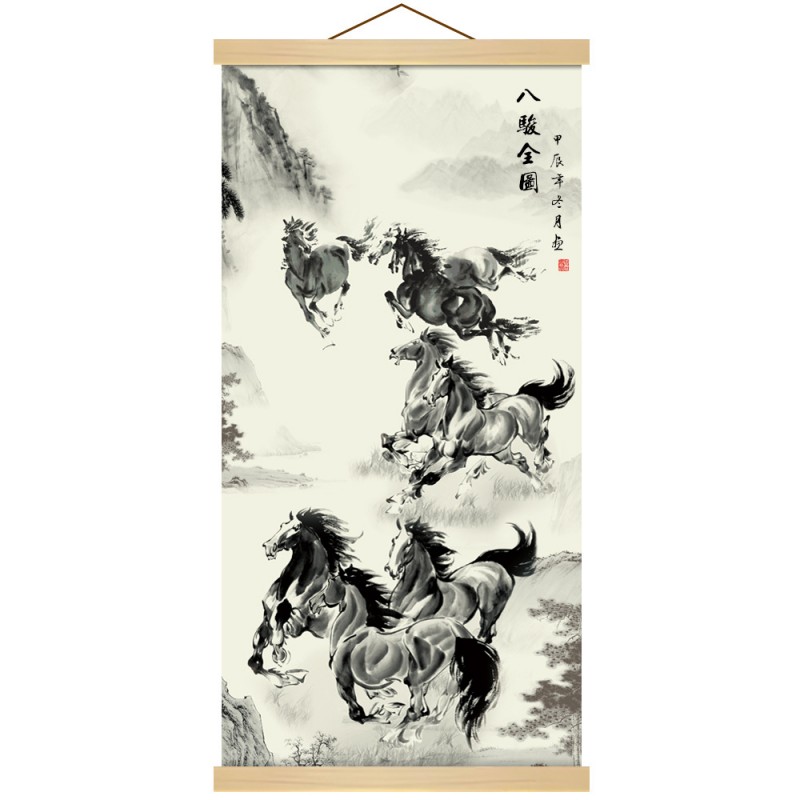 M14八骏图骏马图马到成功卷轴挂画书房客厅宿舍办公室励志装饰画