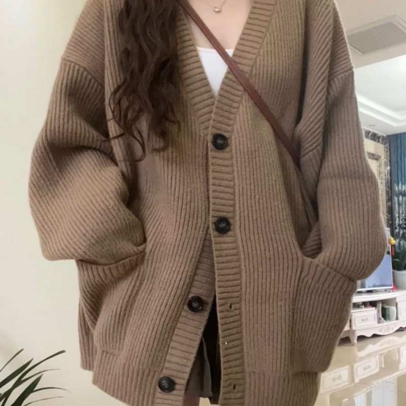 韩版V领慵懒风开衫2026新款日系简约毛衣女春秋冬休闲宽松针织衫
