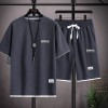 2023华夫格短袖t恤男士休闲运动套装批发夏季宽松假两件半袖T恤两
