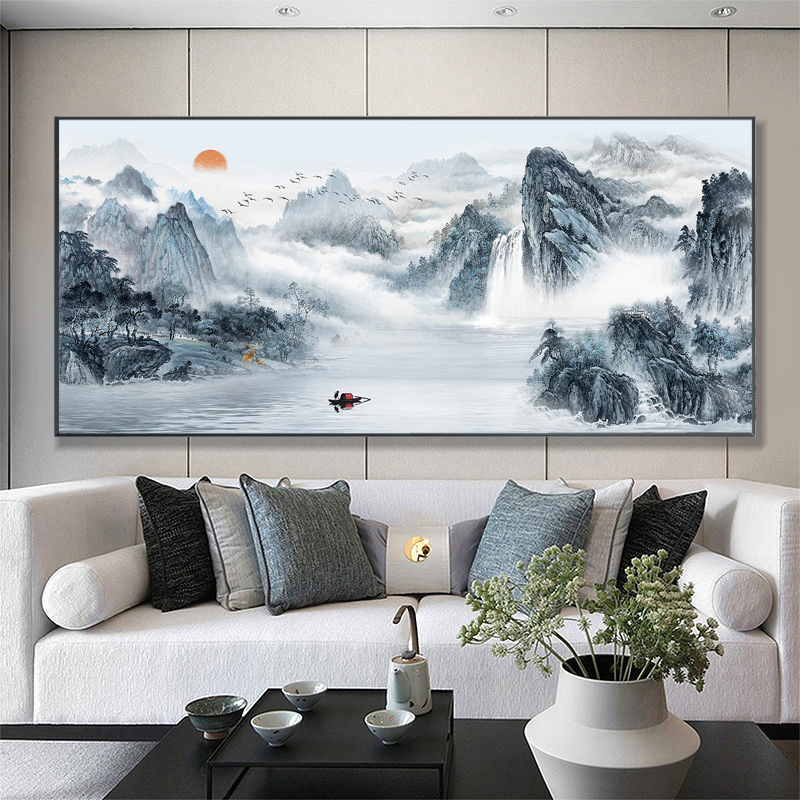 江山新中式靠山图万里长城装饰画办公室挂画铝合金客厅大气山水画