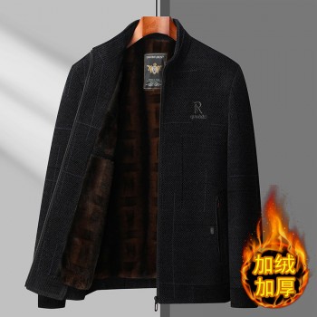 中老年男士秋冬装棉服加绒毛呢上衣爸爸装保暖呢子外套短款棉衣