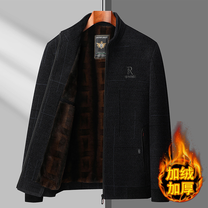 中老年男士秋冬装棉服加绒毛呢上衣爸爸装保暖呢子外套短款棉衣