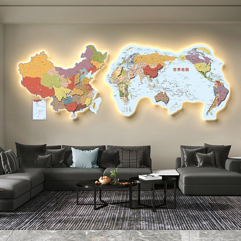 双层中国世界地图发光拼接挂画客厅装饰画LED带灯立体办公室壁画